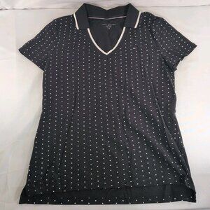 Tommy Hilfiger Short Sleeve Polka Dot V-Neck Shirt Women's L Large Black Collar